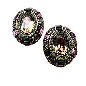 Heidi Daus Purple Green Amber Multicolor Crystal Bronze Clip Earrings